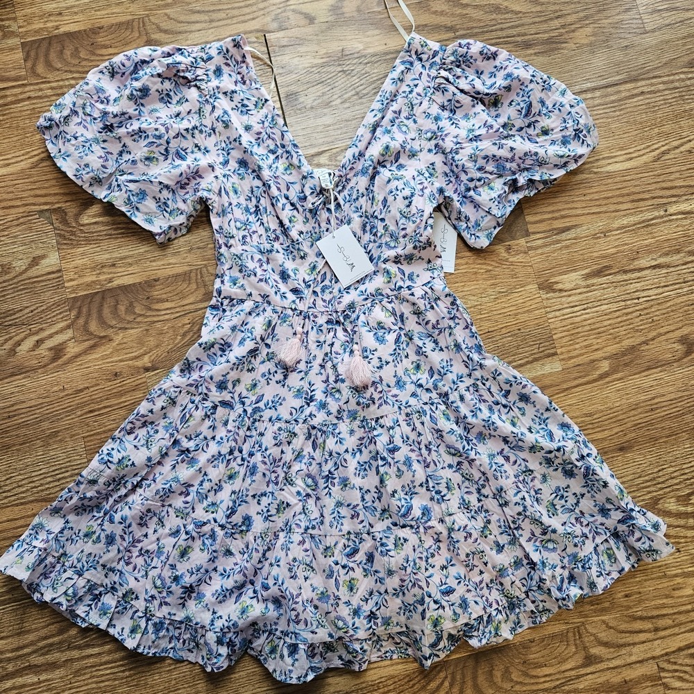 New Women Jessica Simpson‎ Floral Dress Size Small Blue Twirl Flowy Tassle Tie